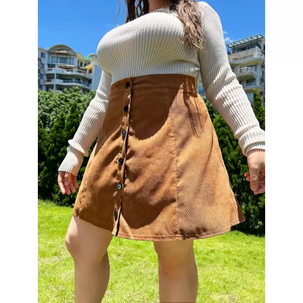 WDIRARA Women's Plus Size Corduroy Skirt A Line Flare High Waisted Button Mini Skirt