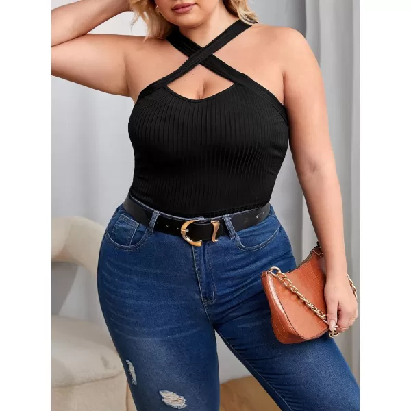 WDIRARA Women's Plus Size Criss Cross Cut Out Ribbed Knit Halter Sleeveless Cami Crop Top