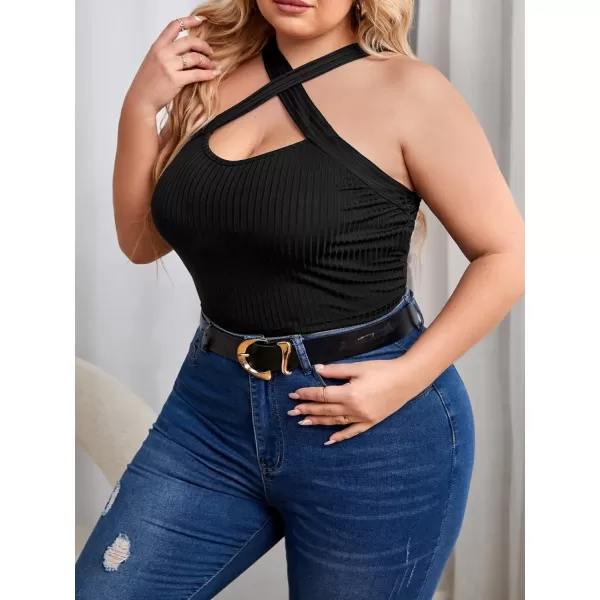 WDIRARA Women's Plus Size Criss Cross Cut Out Ribbed Knit Halter Sleeveless Cami Crop Top