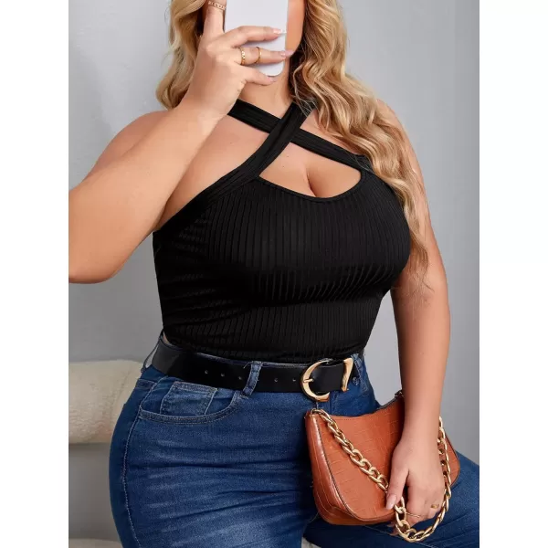 WDIRARA Women's Plus Size Criss Cross Cut Out Ribbed Knit Halter Sleeveless Cami Crop Top
