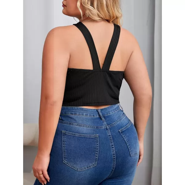 WDIRARA Women's Plus Size Criss Cross Cut Out Ribbed Knit Halter Sleeveless Cami Crop Top