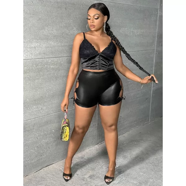 WDIRARA Women's Plus Size Cut Out Lace Up Side PU Leather High Waist Straight Leg Shorts