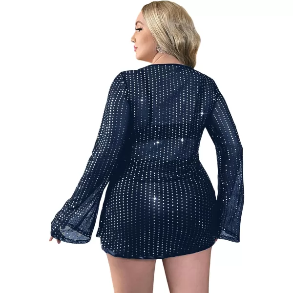 WDIRARA Women's Plus Size Deep V Neck Tie Front Flounce Long Sleeve Sequin Mesh Party Top