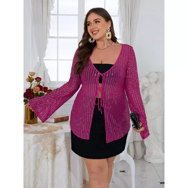 WDIRARA Women's Plus Size Deep V Neck Tie Front Flounce Long Sleeve Sequin Mesh Party Top