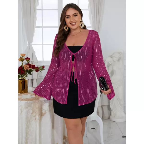 WDIRARA Women's Plus Size Deep V Neck Tie Front Flounce Long Sleeve Sequin Mesh Party Top