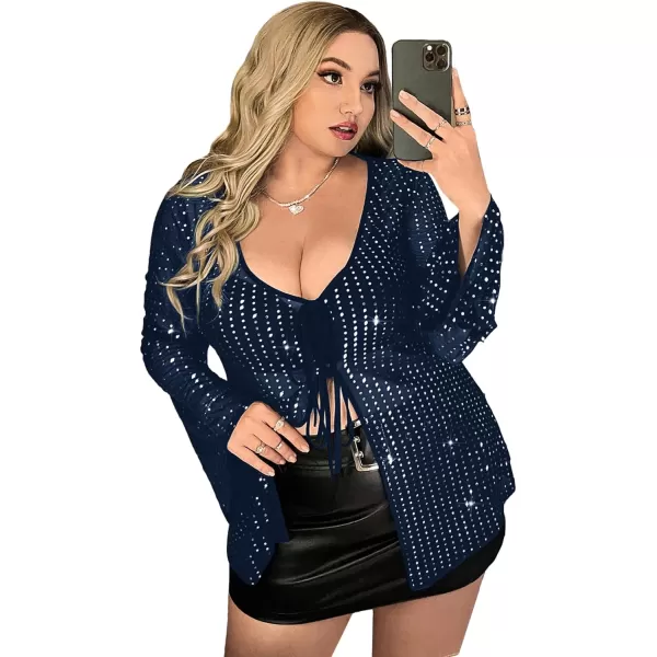WDIRARA Women's Plus Size Deep V Neck Tie Front Flounce Long Sleeve Sequin Mesh Party Top