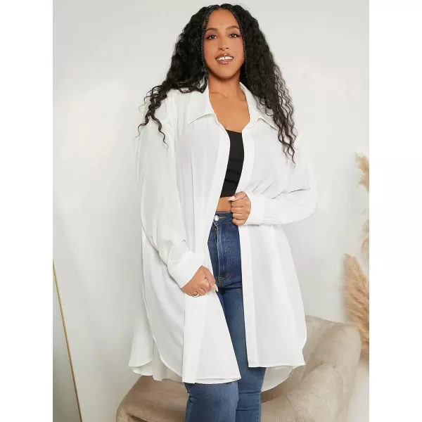 WDIRARA Women's Plus Size Drop Shoulder Button Front Long Sleeve Casual Shirt Dress