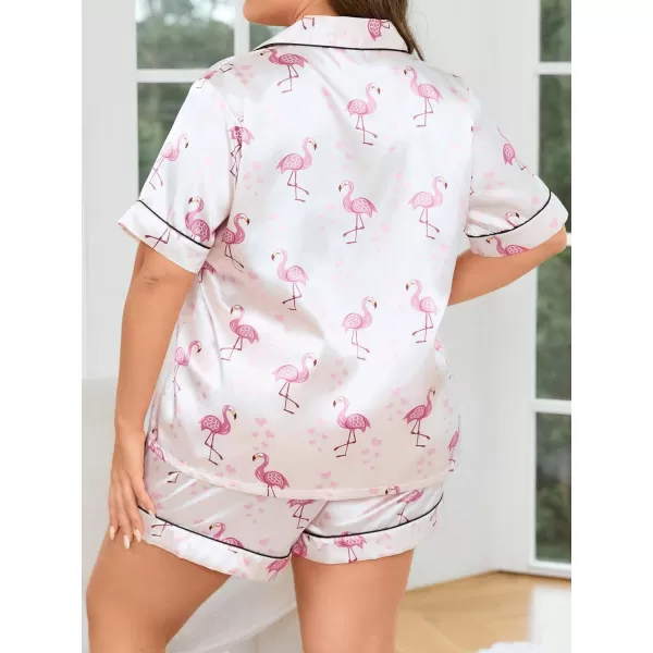WDIRARA Women's Plus Size Flamingo Print Contrast Piping Button Front Short Sleeve Satin Pajama Set
