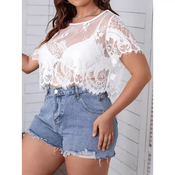 WDIRARA Women's Plus Size Floral Lace Tee Shirts See Through Short Sleeve Crop Tops