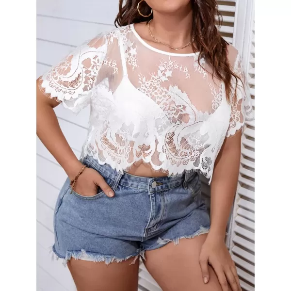 WDIRARA Women's Plus Size Floral Lace Tee Shirts See Through Short Sleeve Crop Tops
