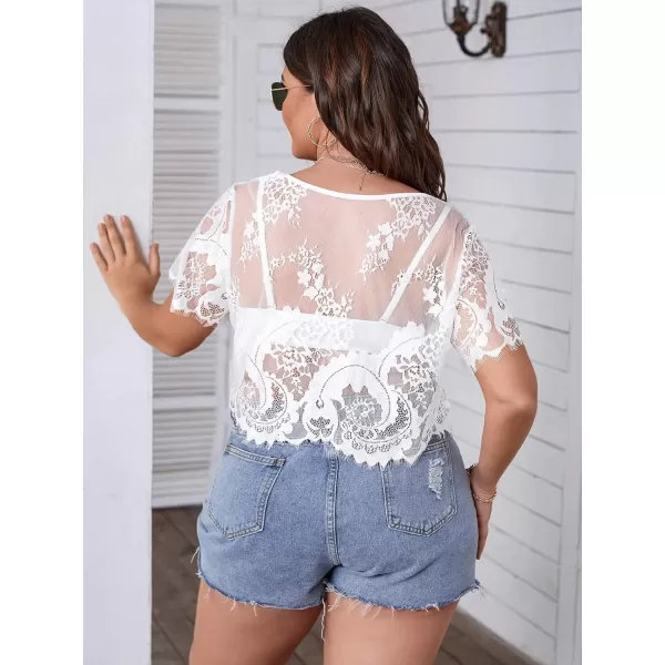 WDIRARA Women's Plus Size Floral Lace Tee Shirts See Through Short Sleeve Crop Tops