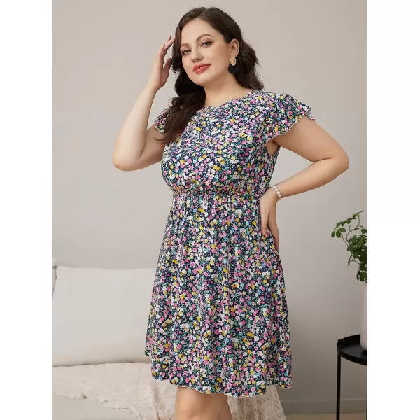 WDIRARA Women's Plus Size Floral Print Cap Sleeve Summer Casual Short A Line Dress
