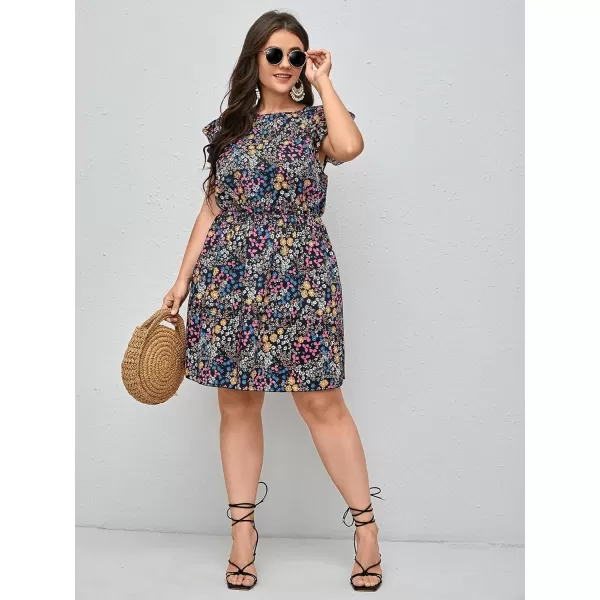 WDIRARA Women's Plus Size Floral Print Cap Sleeve Summer Casual Short A Line Dress