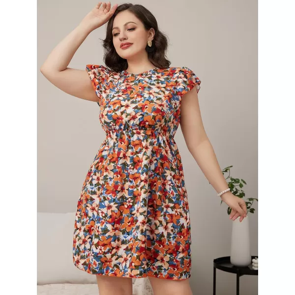 WDIRARA Women's Plus Size Floral Print Cap Sleeve Summer Casual Short A Line Dress