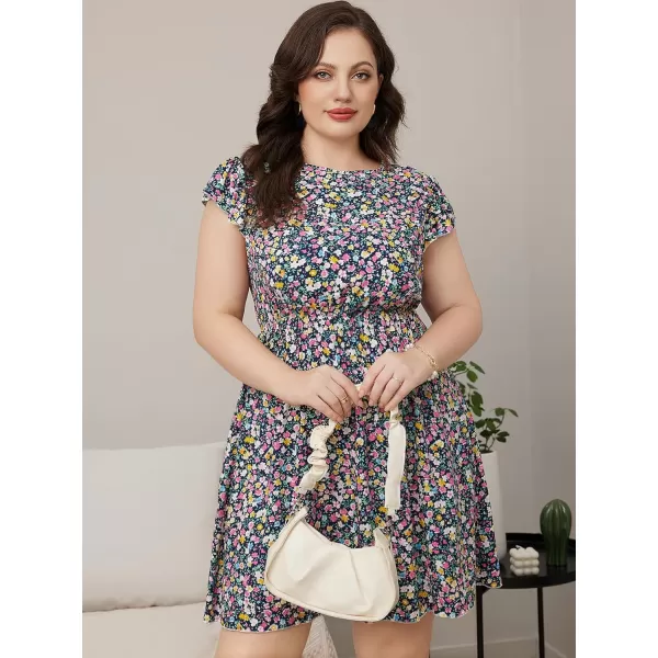 WDIRARA Women's Plus Size Floral Print Cap Sleeve Summer Casual Short A Line Dress