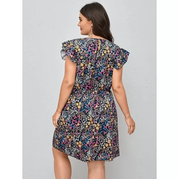 WDIRARA Women's Plus Size Floral Print Cap Sleeve Summer Casual Short A Line Dress