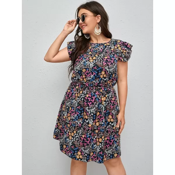 WDIRARA Women's Plus Size Floral Print Cap Sleeve Summer Casual Short A Line Dress