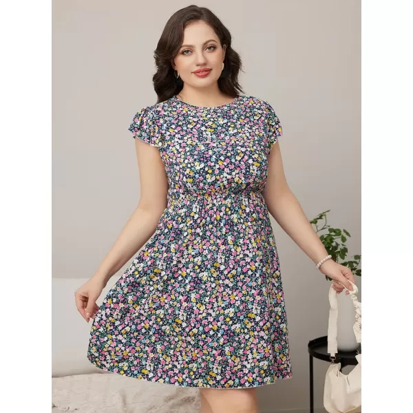 WDIRARA Women's Plus Size Floral Print Cap Sleeve Summer Casual Short A Line Dress