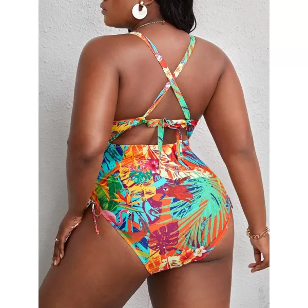 WDIRARA Women's Plus Size Floral Print Cutout Drawstring One Piece Swimsuit Monokini