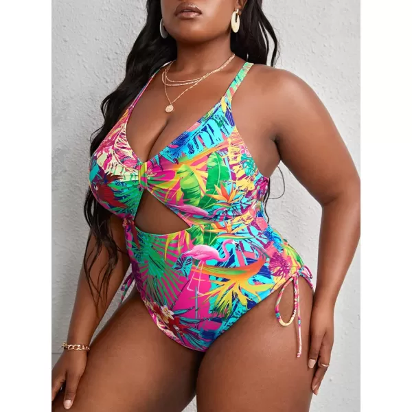 WDIRARA Women's Plus Size Floral Print Cutout Drawstring One Piece Swimsuit Monokini