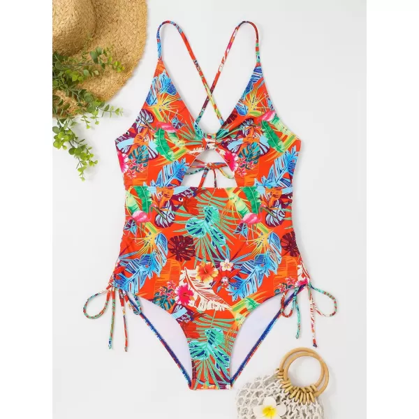 WDIRARA Women's Plus Size Floral Print Cutout Drawstring One Piece Swimsuit Monokini
