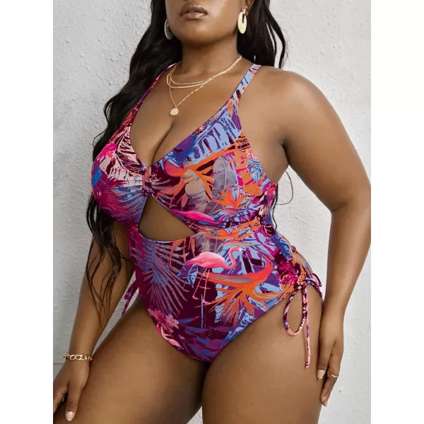 WDIRARA Women's Plus Size Floral Print Cutout Drawstring One Piece Swimsuit Monokini