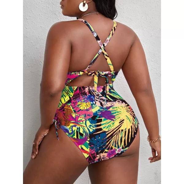 WDIRARA Women's Plus Size Floral Print Cutout Drawstring One Piece Swimsuit Monokini