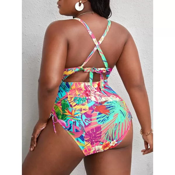 WDIRARA Women's Plus Size Floral Print Cutout Drawstring One Piece Swimsuit Monokini