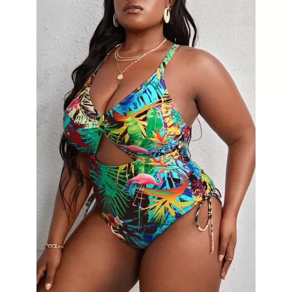 WDIRARA Women's Plus Size Floral Print Cutout Drawstring One Piece Swimsuit Monokini