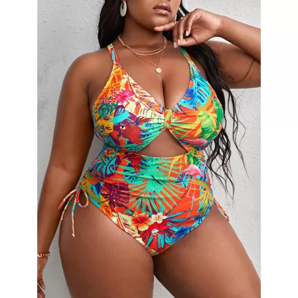 WDIRARA Women's Plus Size Floral Print Cutout Drawstring One Piece Swimsuit Monokini