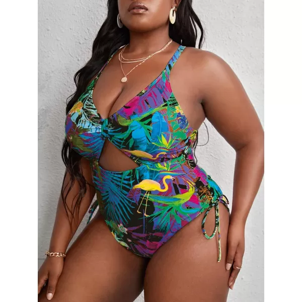 WDIRARA Women's Plus Size Floral Print Cutout Drawstring One Piece Swimsuit Monokini