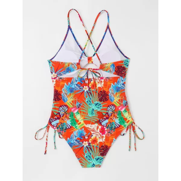 WDIRARA Women's Plus Size Floral Print Cutout Drawstring One Piece Swimsuit Monokini