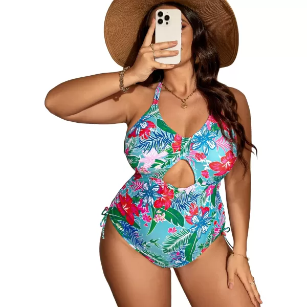 WDIRARA Women's Plus Size Floral Print Cutout Drawstring One Piece Swimsuit Monokini