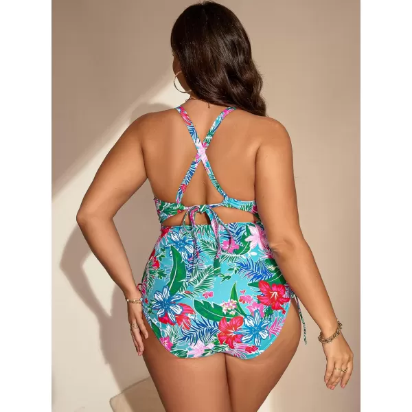 WDIRARA Women's Plus Size Floral Print Cutout Drawstring One Piece Swimsuit Monokini