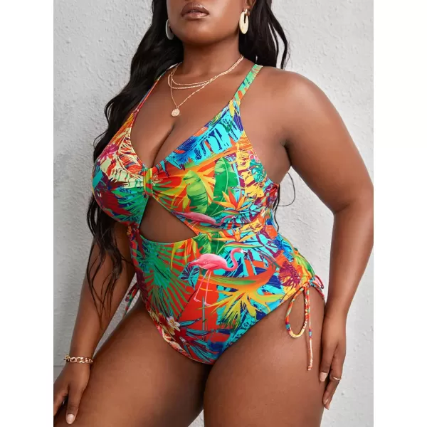 WDIRARA Women's Plus Size Floral Print Cutout Drawstring One Piece Swimsuit Monokini