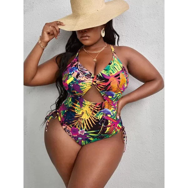 WDIRARA Women's Plus Size Floral Print Cutout Drawstring One Piece Swimsuit Monokini