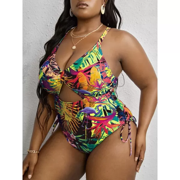WDIRARA Women's Plus Size Floral Print Cutout Drawstring One Piece Swimsuit Monokini