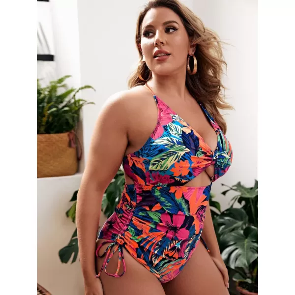 WDIRARA Women's Plus Size Floral Print Cutout Drawstring One Piece Swimsuit Monokini