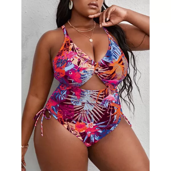 WDIRARA Women's Plus Size Floral Print Cutout Drawstring One Piece Swimsuit Monokini