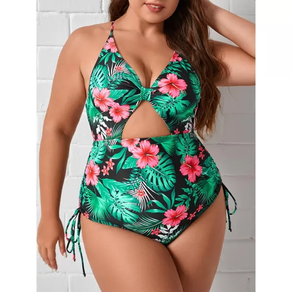 WDIRARA Women's Plus Size Floral Print Cutout Drawstring One Piece Swimsuit Monokini