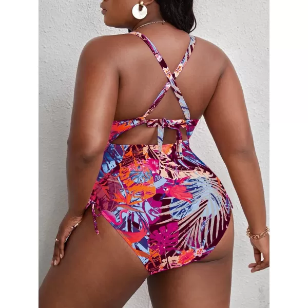 WDIRARA Women's Plus Size Floral Print Cutout Drawstring One Piece Swimsuit Monokini