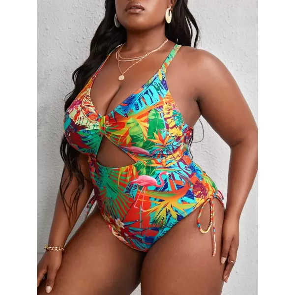 WDIRARA Women's Plus Size Floral Print Cutout Drawstring One Piece Swimsuit Monokini