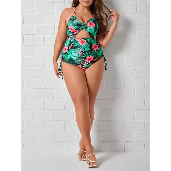 WDIRARA Women's Plus Size Floral Print Cutout Drawstring One Piece Swimsuit Monokini