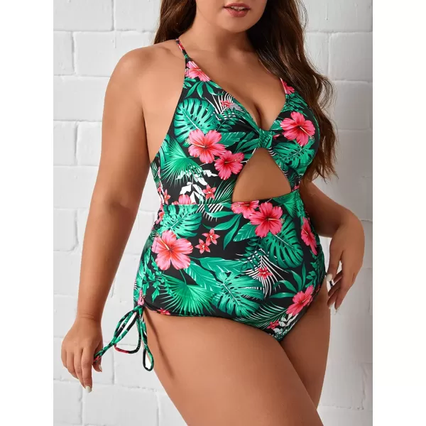 WDIRARA Women's Plus Size Floral Print Cutout Drawstring One Piece Swimsuit Monokini