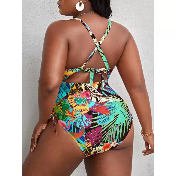 WDIRARA Women's Plus Size Floral Print Cutout Drawstring One Piece Swimsuit Monokini
