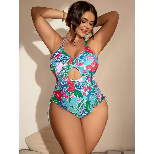 WDIRARA Women's Plus Size Floral Print Cutout Drawstring One Piece Swimsuit Monokini