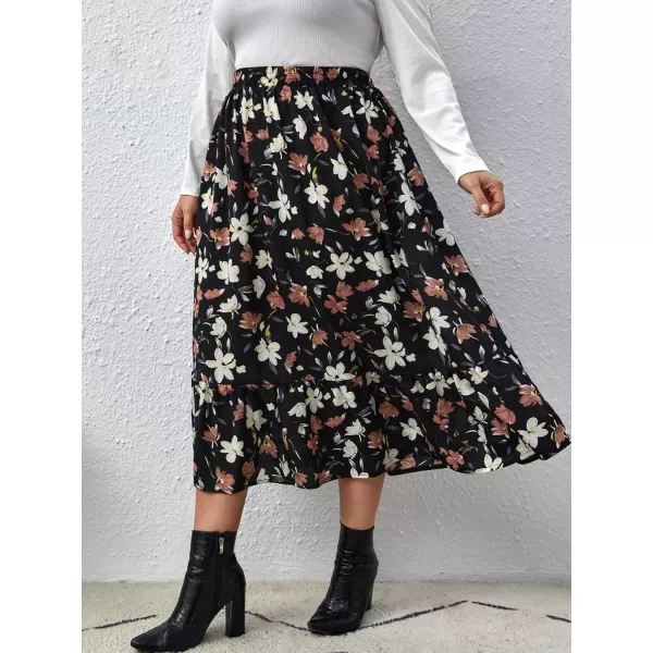 WDIRARA Women's Plus Size Floral Print Elastic Waisted Swing A Line Midi Skirt