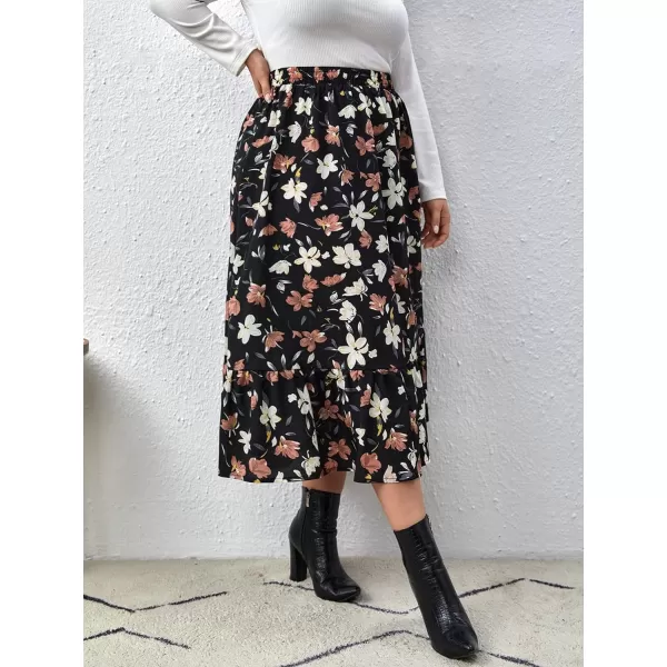 WDIRARA Women's Plus Size Floral Print Elastic Waisted Swing A Line Midi Skirt