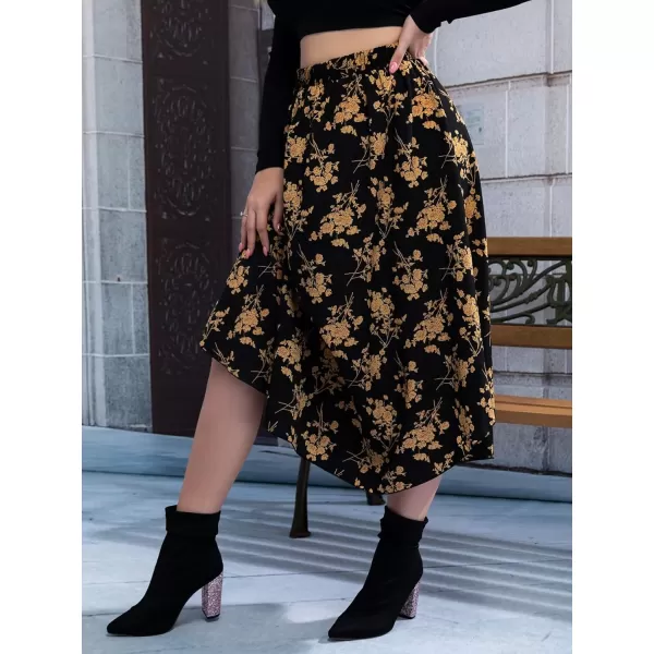 WDIRARA Women's Plus Size Floral Print Elastic Waisted Swing A Line Midi Skirt