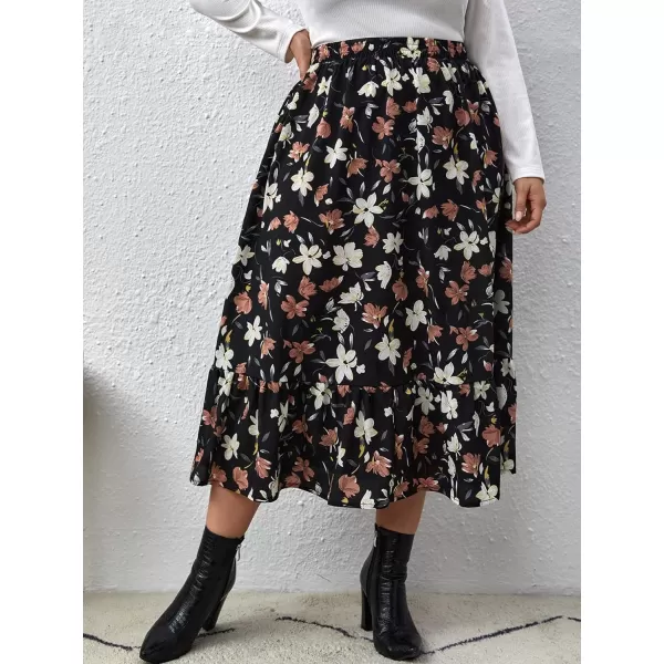 WDIRARA Women's Plus Size Floral Print Elastic Waisted Swing A Line Midi Skirt
